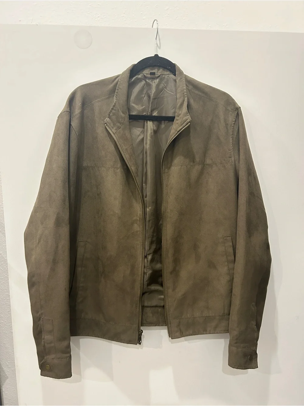 Men's Suede Bomber Jacket - Taupe/Olive Green